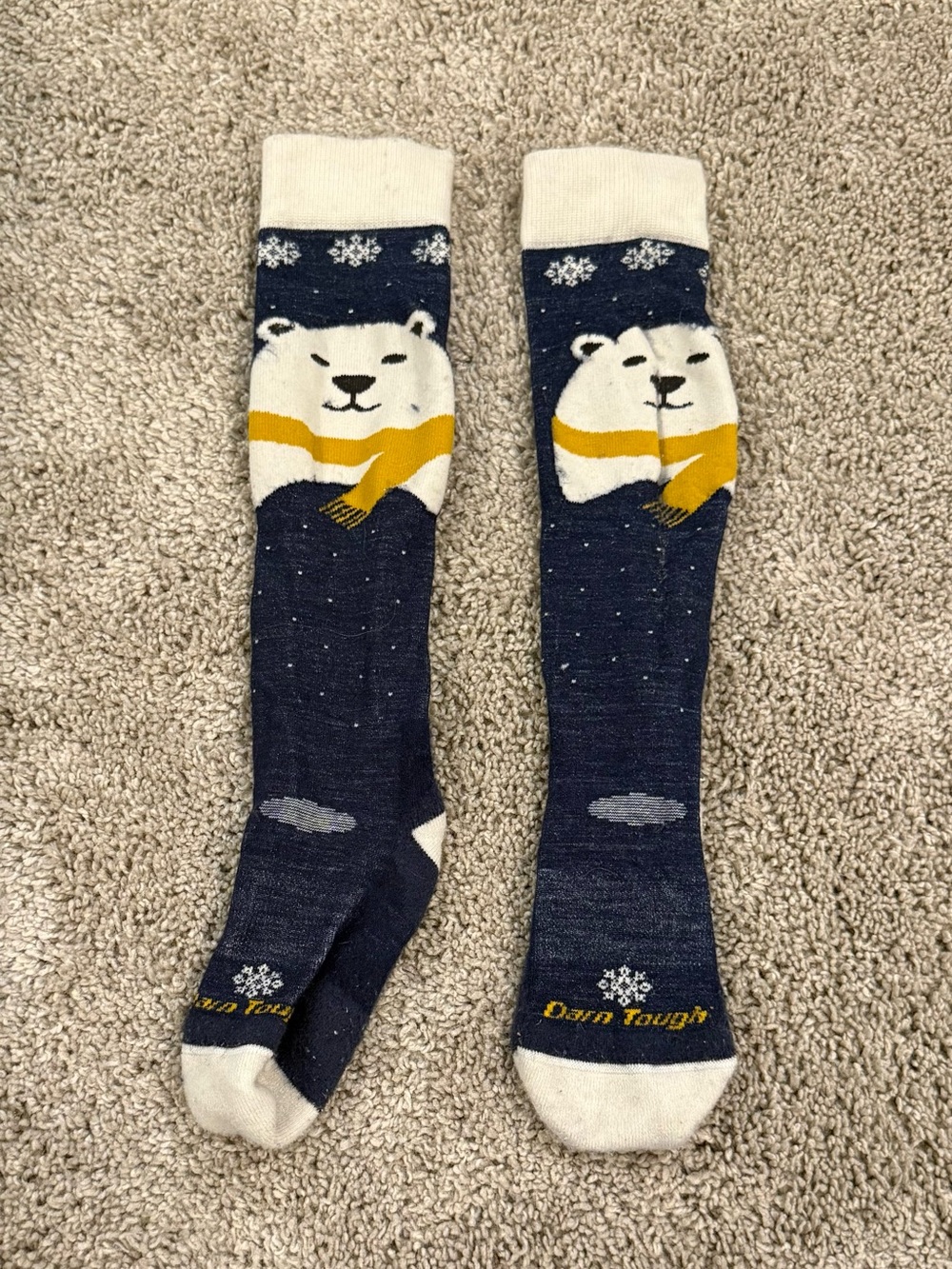 Darn Tough Kids Navy Polar Bear Knee-High Socks with Yellow Scarf